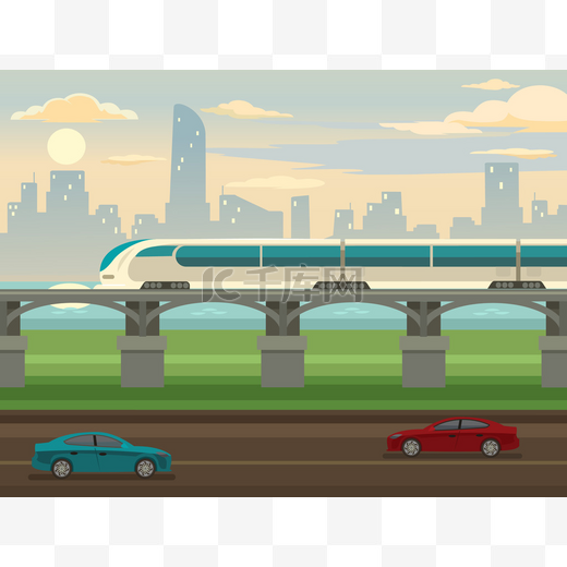 火车在铁路和桥梁。矢量平面插画图片