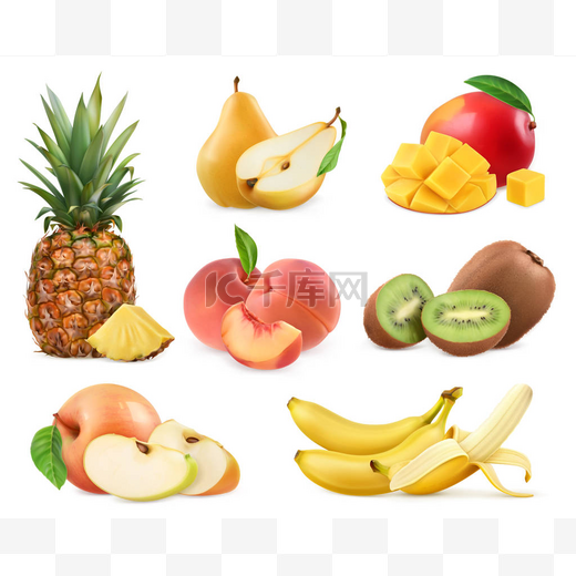 甜的水果。香蕉、 菠萝、 苹果、 芒果、 奇异果、 桃、 梨图片