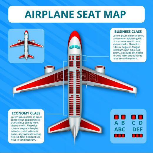 客运飞机座位图逼真的顶视图布局蓝色背景海报航空公司信息矢量图。图片