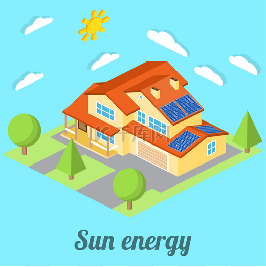 带太阳能电池板的低能耗房屋。对于网页设计、移动和应用程序界面，也可用于信息图表。等轴测被动房屋概念。矢量插图.图片