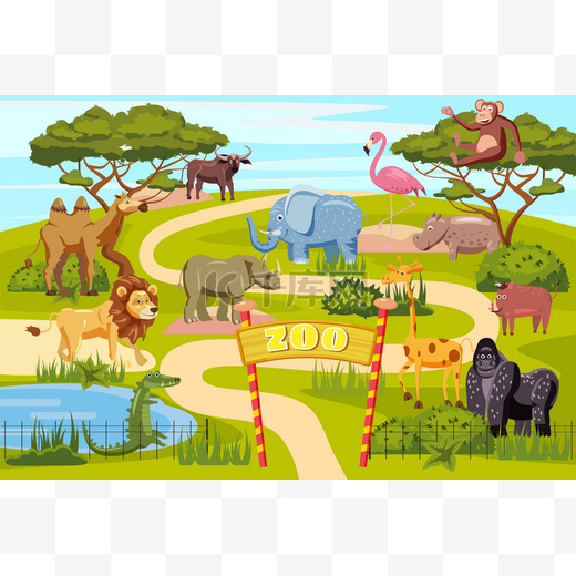 动物园入口门卡通海报与大象长颈鹿狮子狩猎动物和访客在疆土向量例证, 卡通样式, 隔绝图片