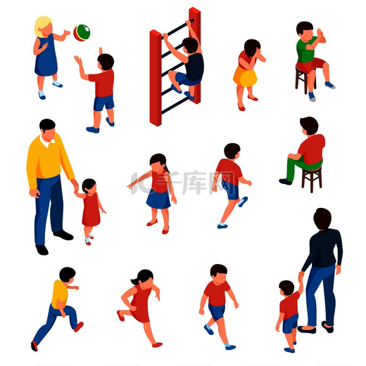 婴儿和儿童等距图标设置与学龄前儿童在操场上玩耍孤立的矢量图图片