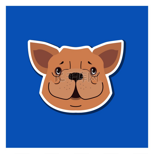 法国斗牛犬的犬笑脸在蓝色背景上绘制图标。图片