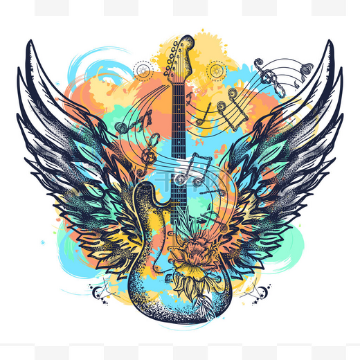 吉他和翅膀纹身水彩画风格。摇滚 t恤设计。音乐的象征, 音乐节。电动吉他艺术图片