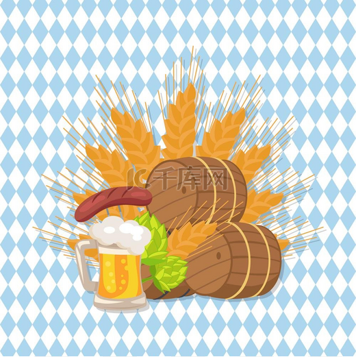 木制背景和文字的十月节海报木桶啤酒杯油炸香肠青啤酒花和小麦穗方格背景啤酒节或十月节的独立矢量插图图片