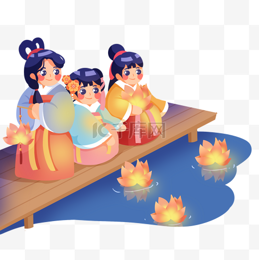 中元节七月半中国传统汉服女生放河灯图片