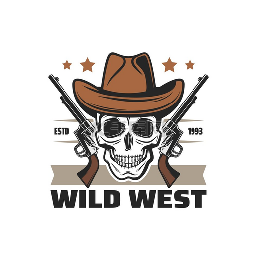 狂野西部的标志牛仔头骨和手枪枪美国西部的矢量符号得克萨斯州的酒馆和亚利桑那州的牛仔竞技护林员或戴着牛仔帽的强盗头骨戴牛仔帽的美国西部狂野西部头骨图片