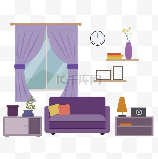 客厅紫色风格扁平风格插画图片