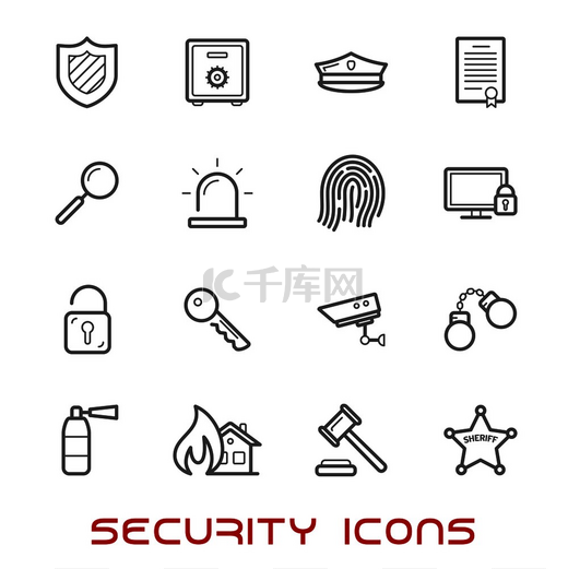 安全和保护细线样式图标，带有网络安全盾、挂锁、钥匙、保险箱、木槌、视频监控、消防安全、专利、手铐、指纹、灭火器和警长之星。图片