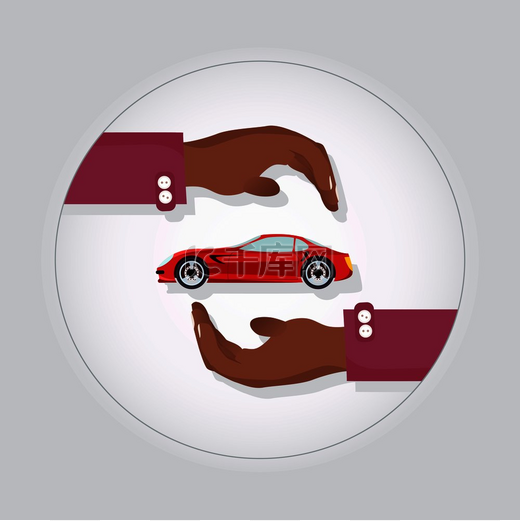 红色现代快速跑车在双手小心的矢量插图专为爱车人士设计的全新豪华特别设计最佳保险标志汽车保护广告汽车服务标识红色现代快速跑车在两个谨慎的手中图片