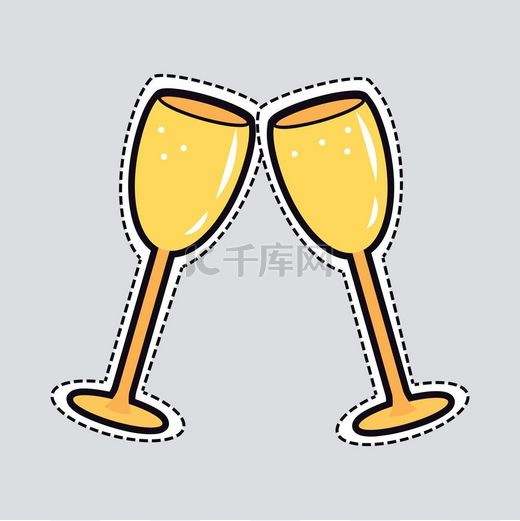 两个金色的克林金眼镜剪纸两个金杯叮当作响的插图剪纸简单的卡通设计明亮的黄色杯子装香槟椭圆形腿长里面有一些气泡平面设计侧视图矢量图片