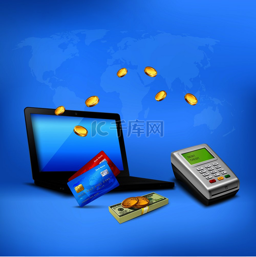 汇款逼真组合与信用卡支付终端笔记本电脑和蓝色背景矢量图上的现金。图片