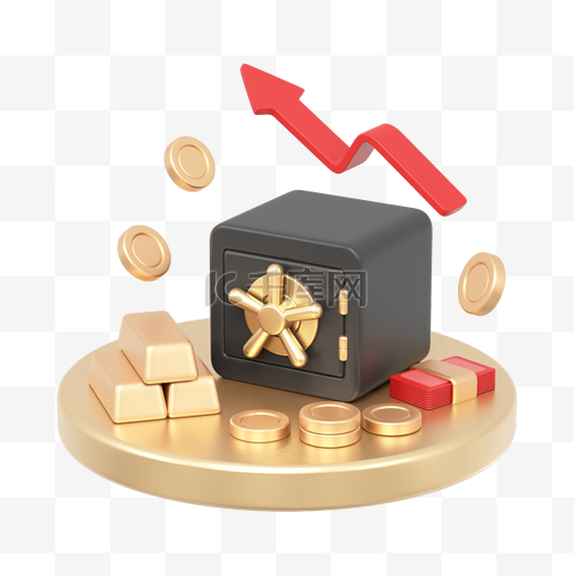 C4D立体3D银行金融理财组合金币金条保险箱图片
