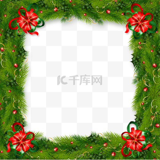 四角装饰红色蝴蝶结圣诞冬青边框图片