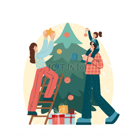  男子、妇女和儿童装饰圣诞树。圣诞快乐的节日派对。庆祝除夕的人物。冬季圣诞风景.图片