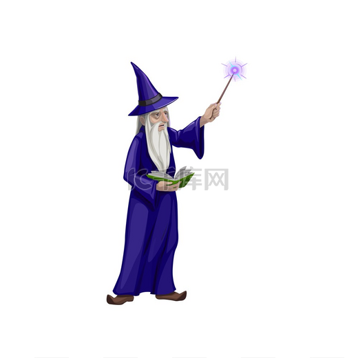 拿着魔杖的老魔术师巫师角色从咒语书中制造咒语梅林或邓布利多卡通万圣节人物留着灰色长胡子身穿紫色长袍戴着女巫帽脚踩弯曲鼻子的靴子具有魔杖巫师角色的老魔术师制造咒语图片