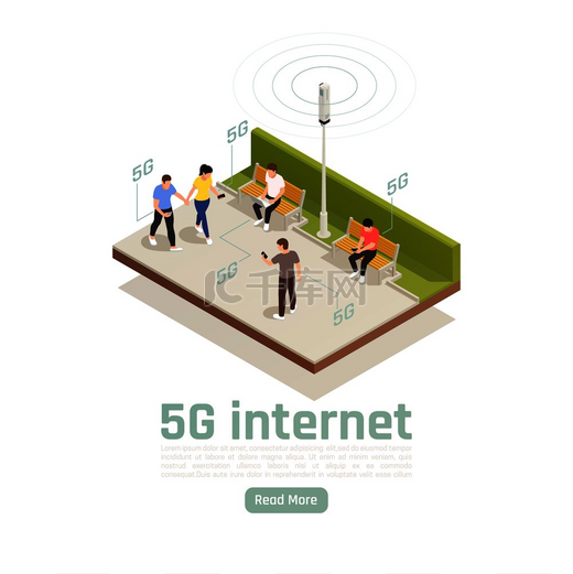 现代互联网 5g 通信技术等距组合与人们使用快速网络连接向量图的室外视图图片