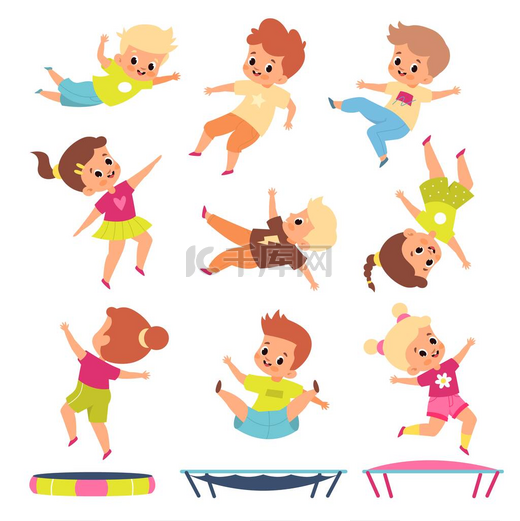 孩子们跳上了蹦床。卡通男孩和女孩在不同的飞行姿势。孩子们弹跳和玩耍。幼稚的健康。年轻人在做体操练习。病媒活动游戏图片