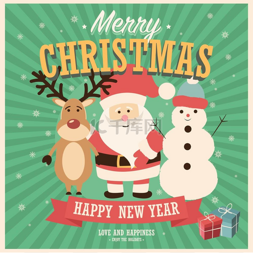 圣诞快乐卡与圣诞老人、雪人和驯鹿与礼品盒，矢量图图片