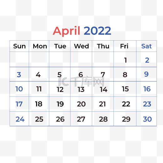 2022年4月经典蓝红色日历图片