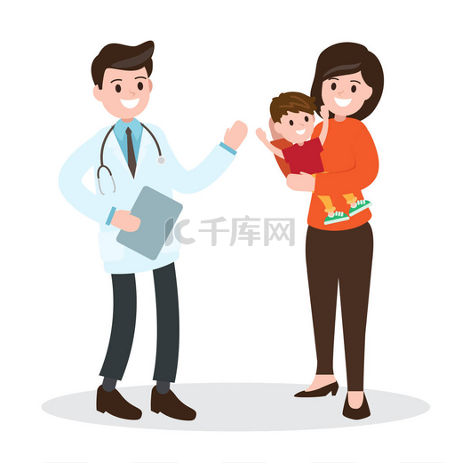 健康关怀的儿童。儿科医生，母亲和儿子。白色背景上的矢量图.图片