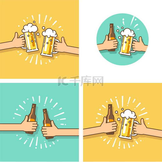 庆祝活动。啤酒节。两只手拿着啤酒瓶和啤酒玻璃。矢量图在平面样式.图片