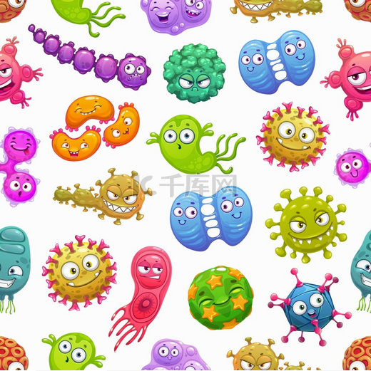 病毒具有载体细菌和细菌特征的无缝模式背景可爱的微生物细胞怪物冠状病毒流感和流感腺病毒轮状病毒和乳头瘤病毒病原体背景病毒与细菌和细菌的无缝模式图片