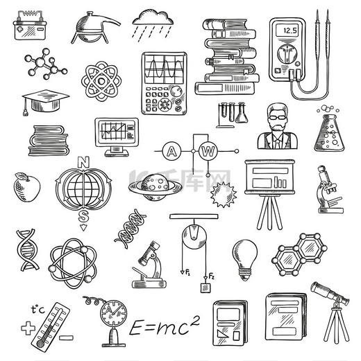 用于教育和科学设计的物理、化学和天文学草图图标，包括显微镜、实验室烧瓶、书籍、DNA 模型、原子、分子和地球磁场、科学家、电测量工具、计算机、行星、望远镜、毕业图片