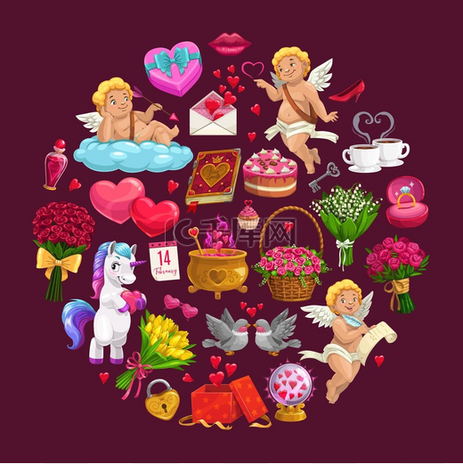 情人节浪漫圆圈，带矢量心形、信封和丘比特、巧克力和戒指、红玫瑰花和带丝带和亲吻嘴唇的礼物盒、贺卡。图片