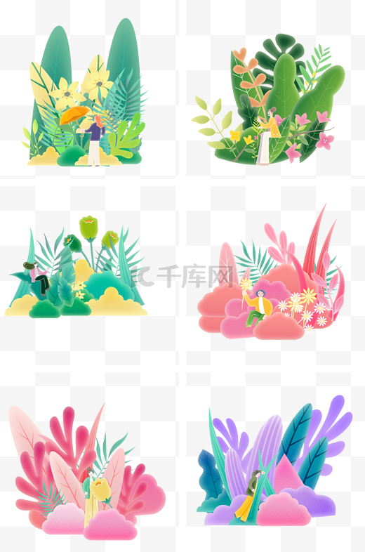 梦幻小清新植物草丛树叶夸张人物插画图片