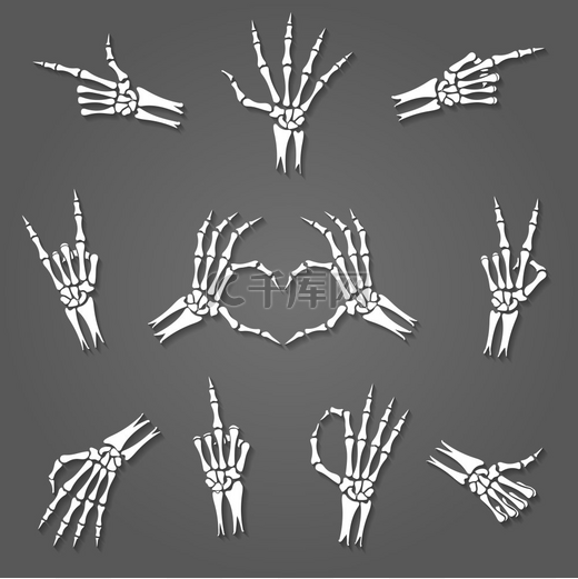 骷髅手势灰色背景上孤立的骷髅手势射线手臂骨骼或手部手势矢量图示图片
