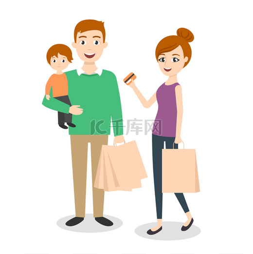 矢量图的家庭: 妈妈、 爸爸和儿子。购物袋。用信用卡购物的家庭.图片