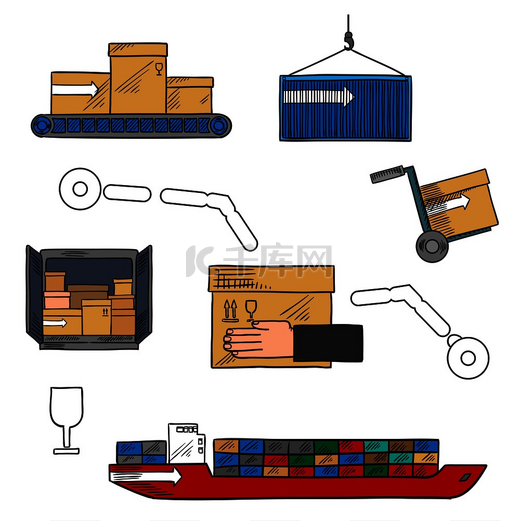航运和快递图标，带有集装箱船、送货卡车、仓库输送机和手推车的彩色草图，带有纸箱和包裹，易碎符号。图片