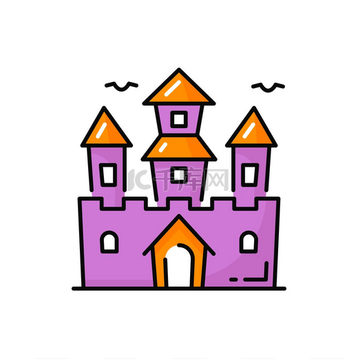 童话城堡幻想堡垒与乌鸦鸟隔离的彩色线条图标矢量德古拉堡垒万圣节派对的象征魔法城堡紫色的堡垒建筑梦幻之屋碉堡乌鸦飞翔的古堡建筑图片