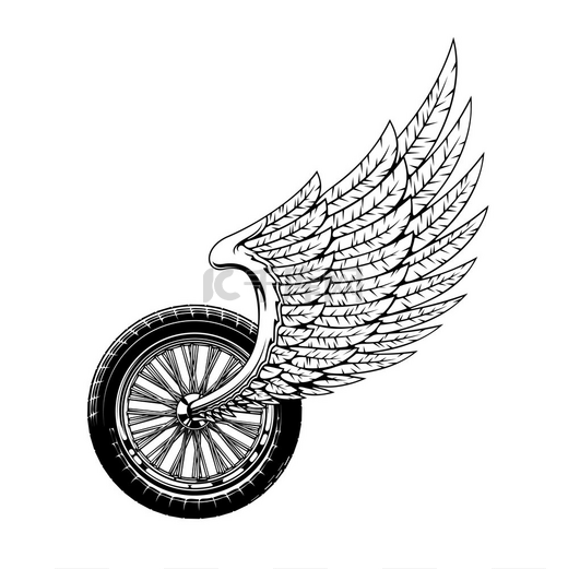 轮子和翅膀隔离的单色摩托车手俱乐部图标矢量翼轮式比赛符号或摇滚乐单色纹身自行车或摩托车拉力赛标签比赛锦标赛或锦标赛翼轮摩托车自行车拉力赛标志图片