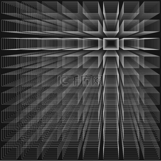 黑色抽象无限背景，3d 结构与白色矩形形成深度和透视幻觉，矢量图。图片