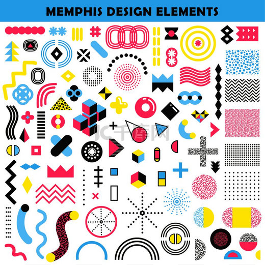 孟菲斯设计混合了形状和颜色的棱角图形蠕虫状图案装饰元素集合抽象矢量插图孟菲斯设计元素集图片