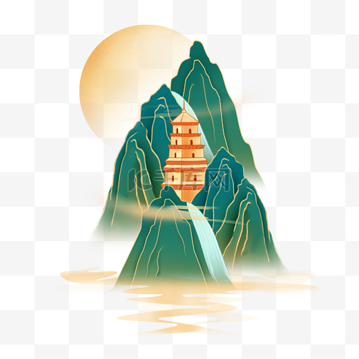 中国风国潮山水古建筑手绘插画元素图片
