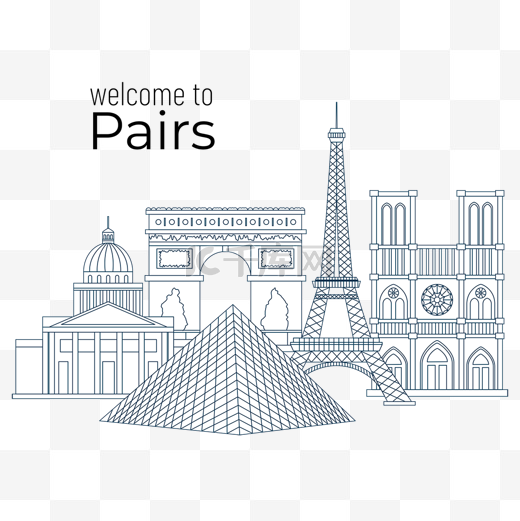 巴黎城市建筑扁平风格简约蓝色线稿图片