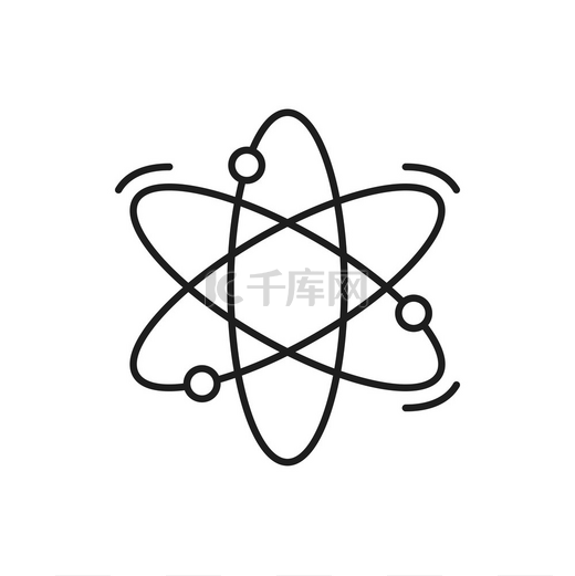 分子原子结构科学研究、化学和核能符号孤立的细线图标。图片