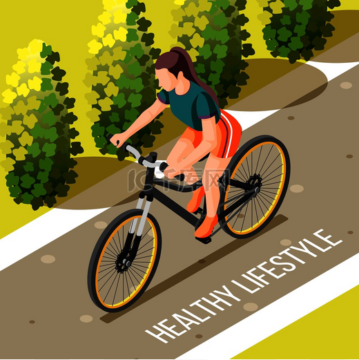 城市公园年轻女子骑自行车户外骑行的健康生活方式等距矢量图图片