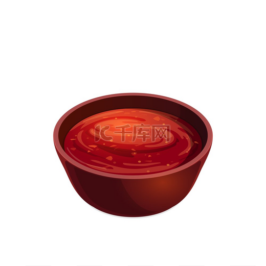 莎莎番茄酱在碗里，盘子里有红色的糊状孤立图标。图片