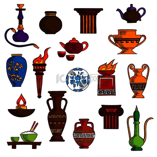 各种花瓶、水壶、容器和厨具，配有古老的火炬和石火碗、双耳瓶、铜和陶瓷茶壶、油灯和水烟管、茶具、花瓶、水壶和盘子。图片