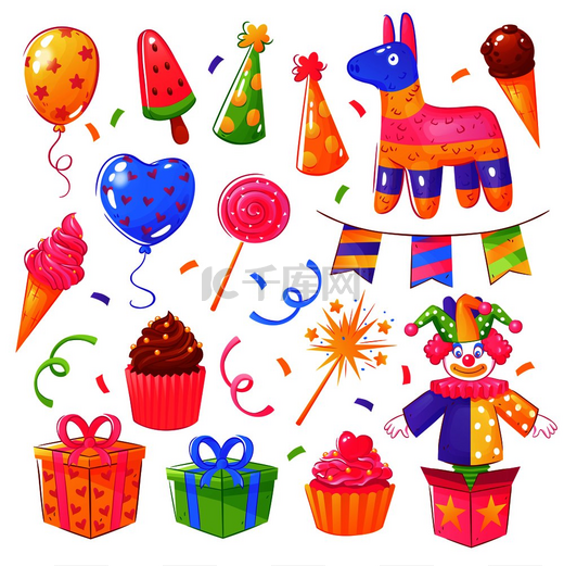 生日派对庆典礼物蛋糕饰品节日装饰元素集合五彩纸屑气球帽子孤立矢量插图生日派对庆祝套装图片
