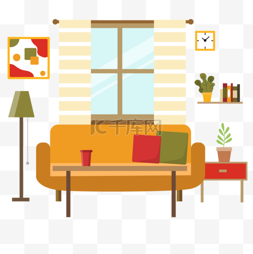 客厅房间起居室扁平风格黄白条纹窗帘和家居图片