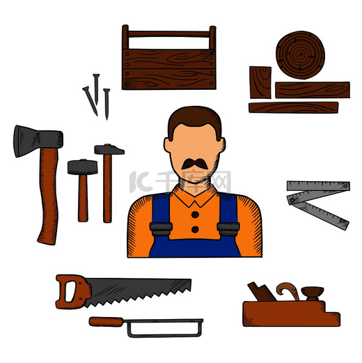 木匠职业元素与穿着工作服、木材和木工工具如锤子和斧头、钉子和木制工具箱、手锯和钢锯、折叠尺和起重器的小胡子人。图片