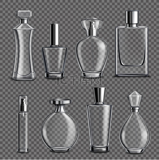 香水玻璃瓶各种形状和瓶盖清晰无色逼真设置在透明背景隔离矢量插图上。图片