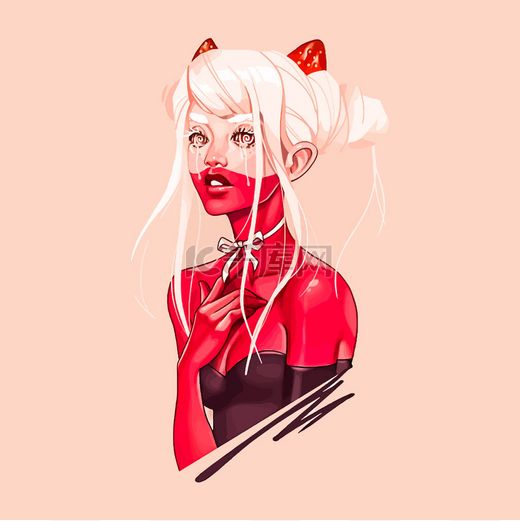 恶魔的模拟女孩头上戴着草莓角脖子上戴着弓时尚时尚的插图. 图片