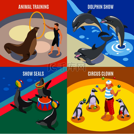 海洋马戏团22设计概念集动物训练马戏团小丑海豚和海豹展示等距构图矢量插图海洋马戏团22等距设计概念图片