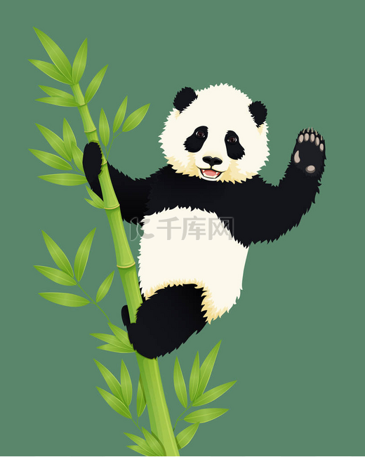 快乐微笑的宝宝大熊猫爬上绿色的竹树和挥手.图片